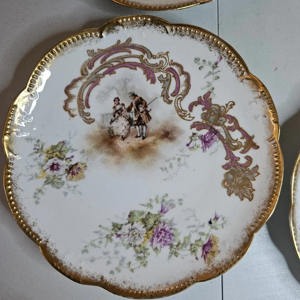 Antique Limoges France AK CD Courting Scene Gold Gilt Scalloped Rim Plates 8.5